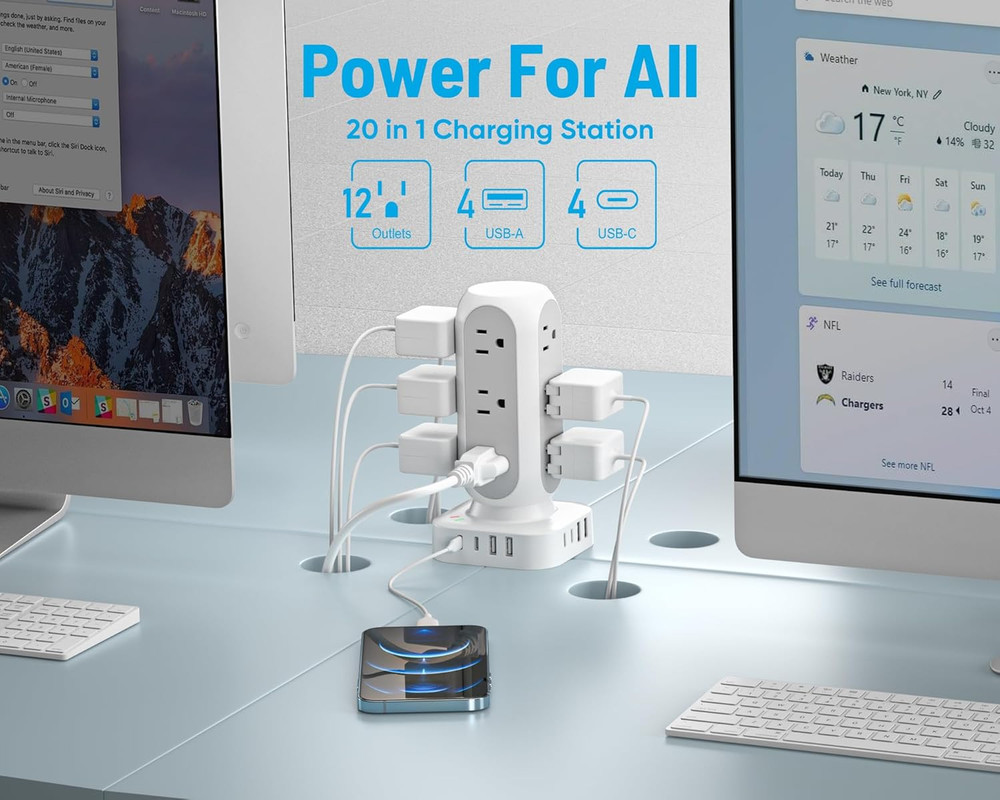 Tower Surge Protector Power Strip, Flat Plug Outlet Extender with 12 AC Outlets