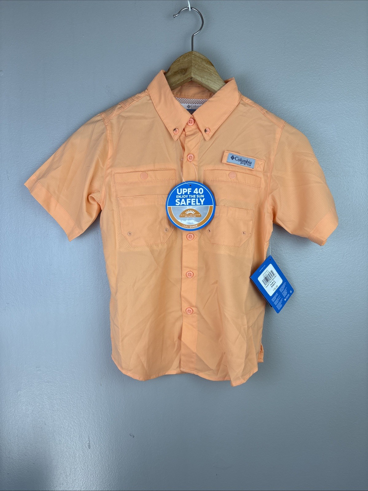 Columbia PFG Size S 8 Youth Short Sleeve Fishing Shirt Peach UPF 40 Omniwick