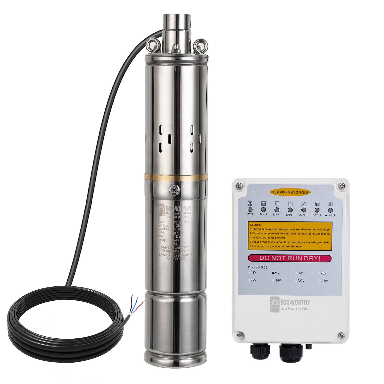 3" DC 24V Solar Water Pump Deep Well Pump Submersible Bore MPPT Controller Kit