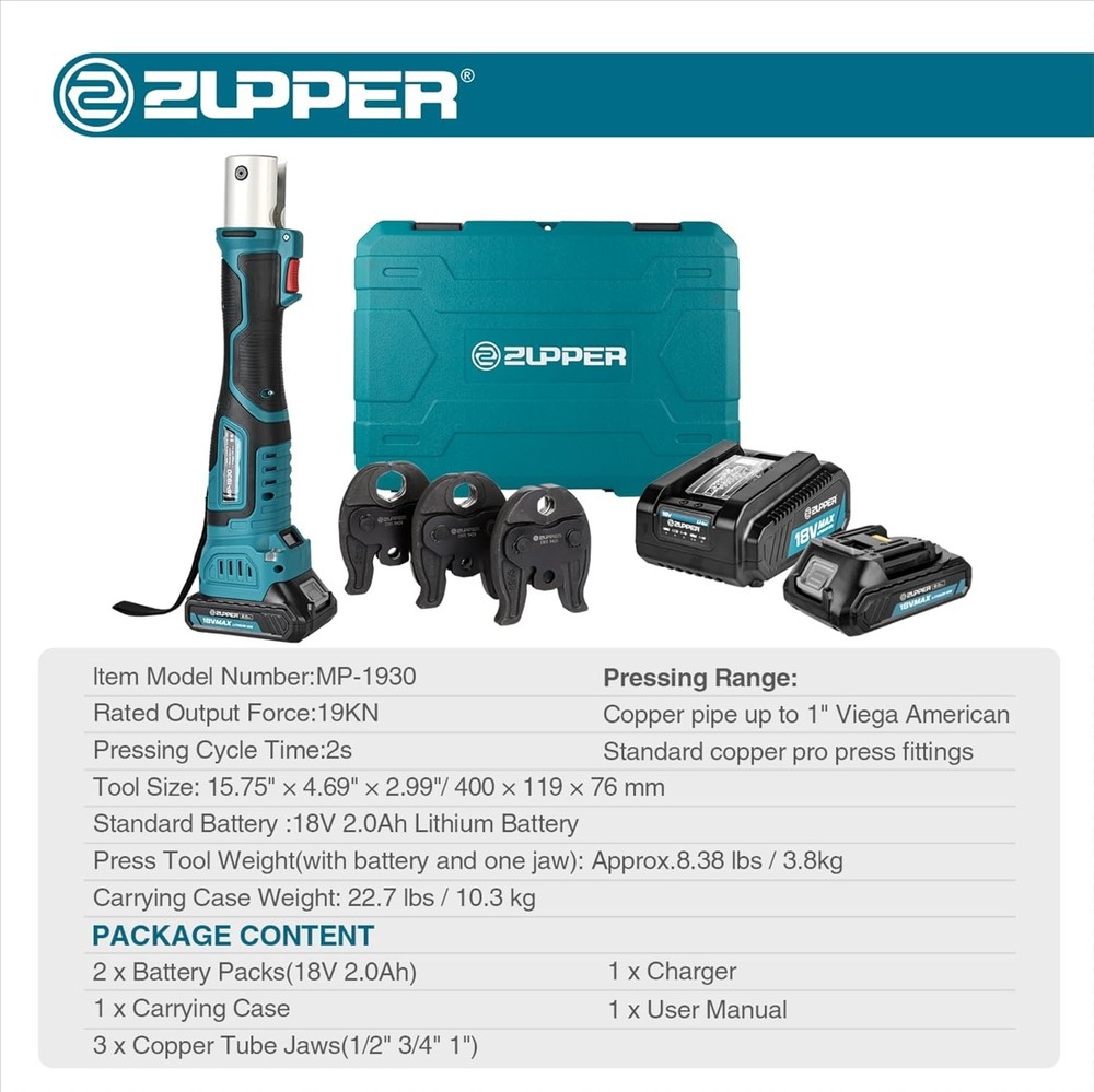 ‎ZUPPER Mini Pro Press Tool kit with 3 Copper Pro Press Jaws 2pcs Battery