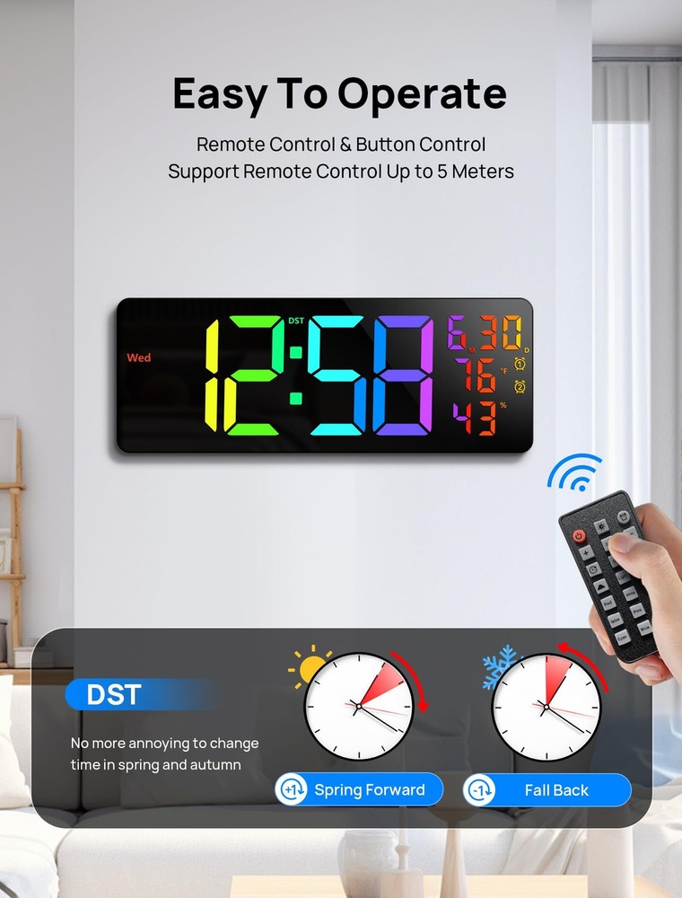 17.3" Large Digital Wall Mount Clock, Digital Clock with Remote Control, Alar...