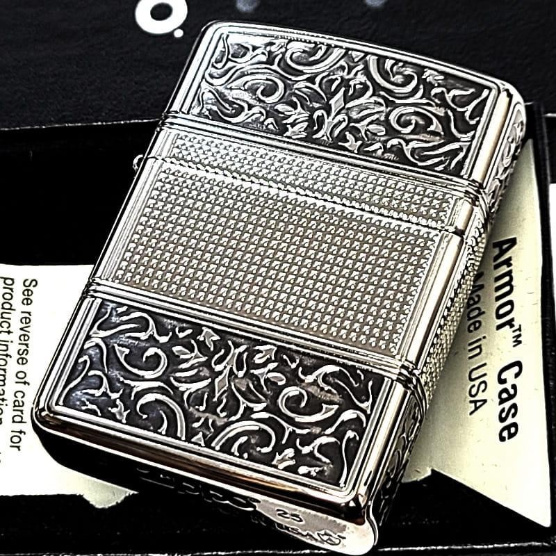 Zippo Armor Case Arabesque Antique Silver Etching 4 Sided Processing Lighter