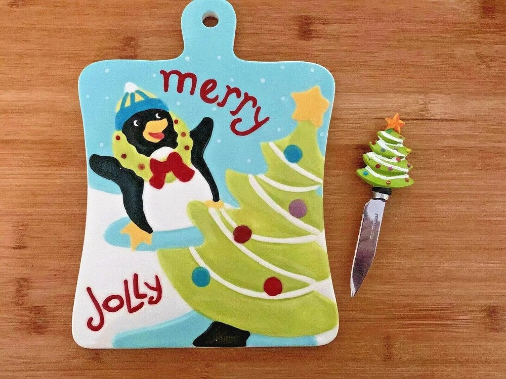 Ceramic Cheese Tray Board Knife Set Hostess Gift Christmas w/Box Winter Penguin