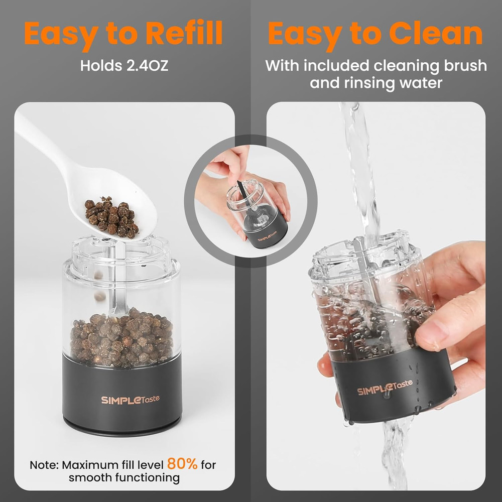 Electric Salt Pepper Grinder Set Rechargeable LED Adjustable Black