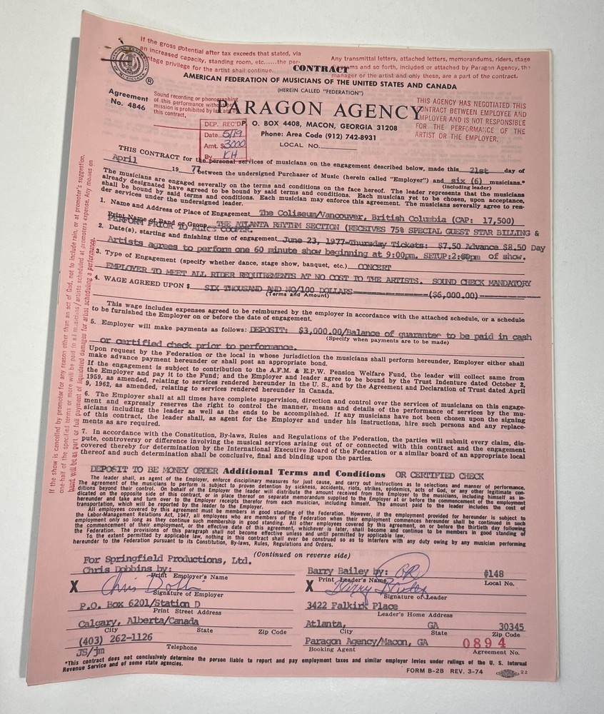 The Atlanta Rhythm Section Concert Contract 1977 Vancouver BC