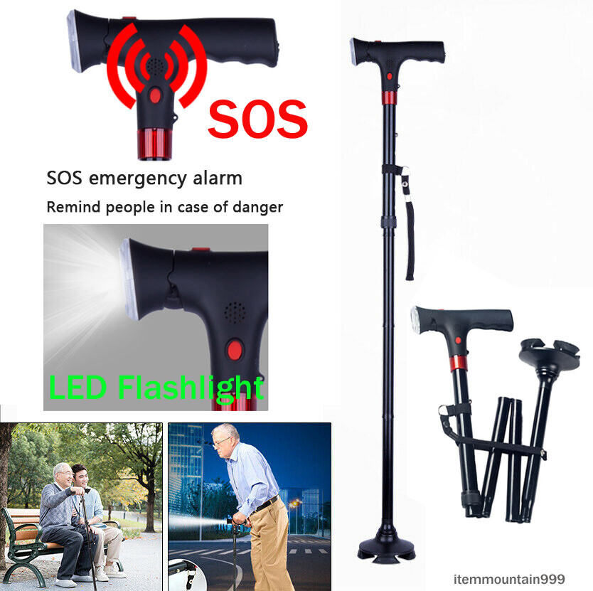 Folding Adjustable Walking Stick Cane with LED Torch & Alarm button Strap Handle