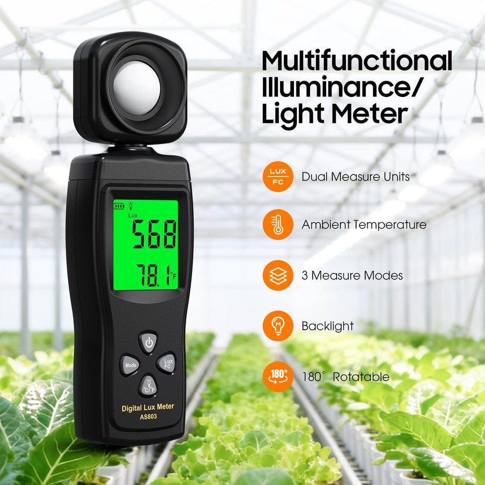 Digital Illuminance Lux Meter 0~200000 Lux Range with 180º Rotating Sensor Li...