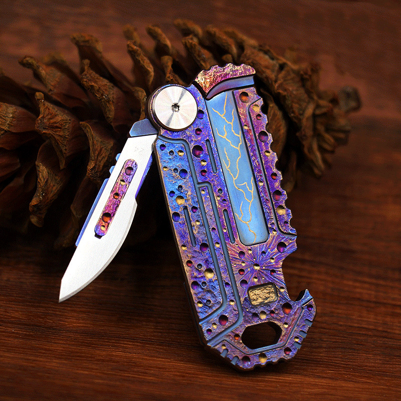 EDC Titanium Key Chain Multi Tools Card Bottle Opener Folding Knife Simple Ruler