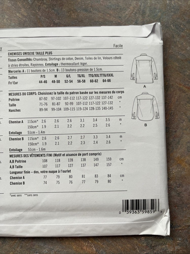 Simplicity Sewing Pattern S9859 - Unisex Collared Button Down Shirt - SZ S-L NEW