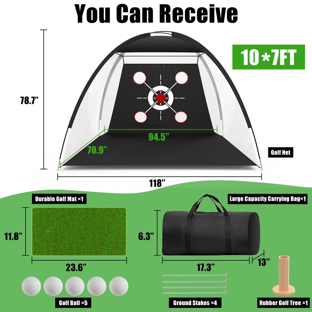 Golf Hitting Net 10x7 FT with Mat - Professional Backyard Practice Set Includes