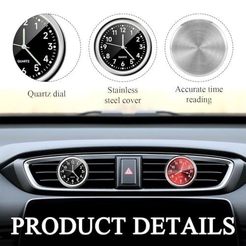 2 PCS Car Clock, Mini Luminous Pointer Clock Stick on Automotive Black+Red