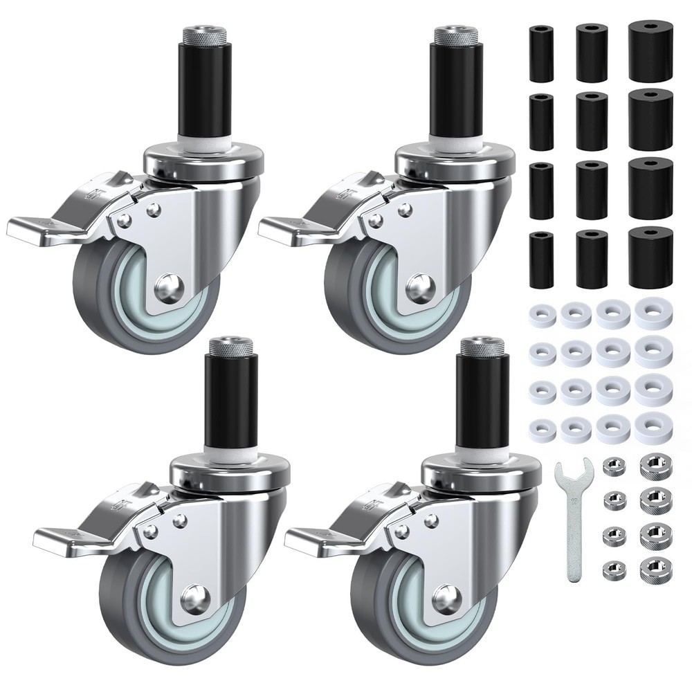 HOLKIE Caster Wheels Locking 3 Inch Expanding Stem Casters, Threaded Gray