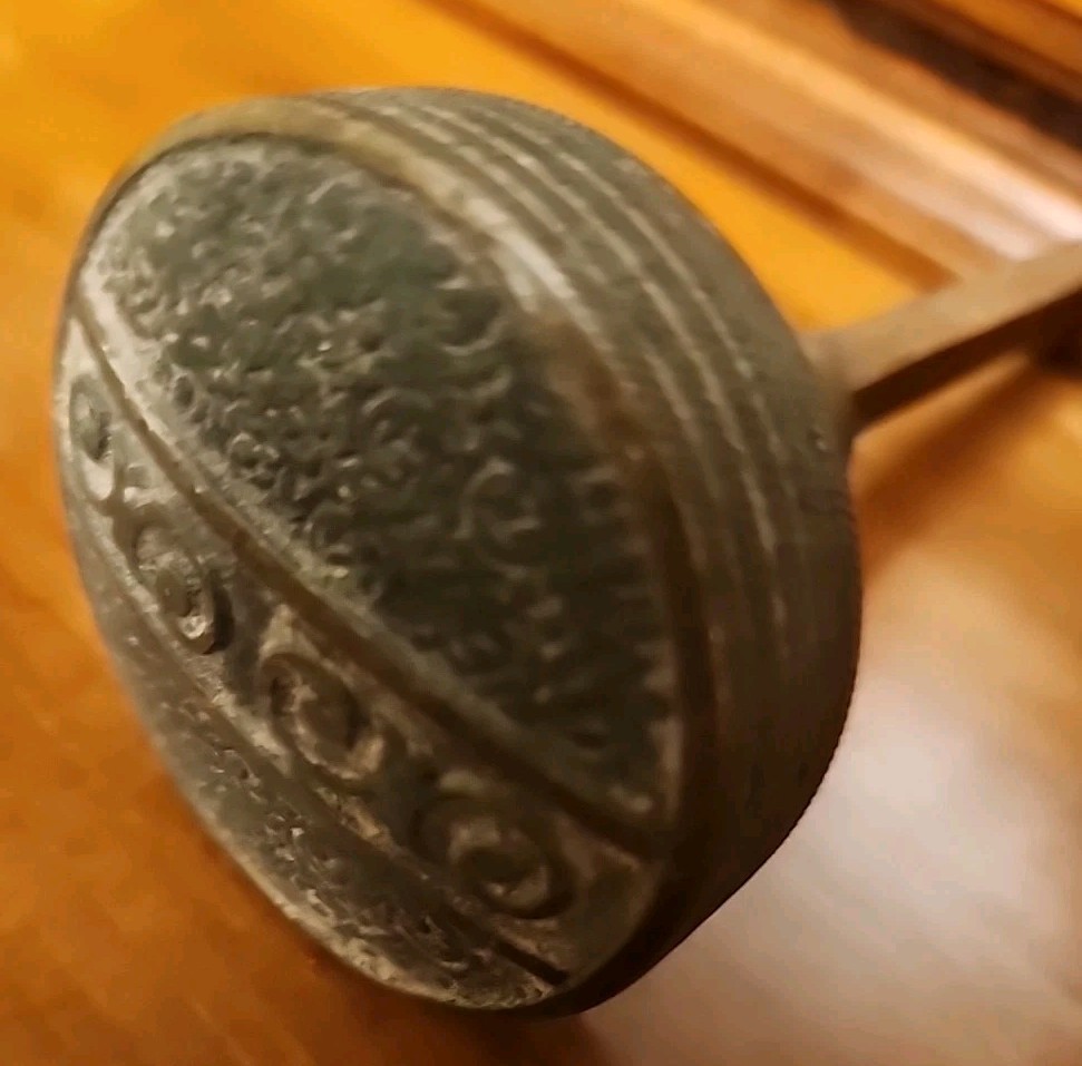 Antique Bronze Entry Door Knob and Spindle Victorian Geometric Scroll Pattern