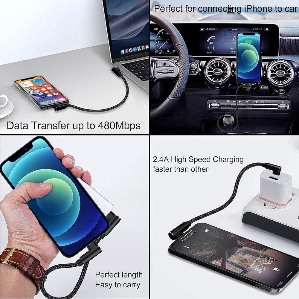 USB C to Lightning Cable 1ft 3 Pack MFi Certified Right Angle iPhone Black