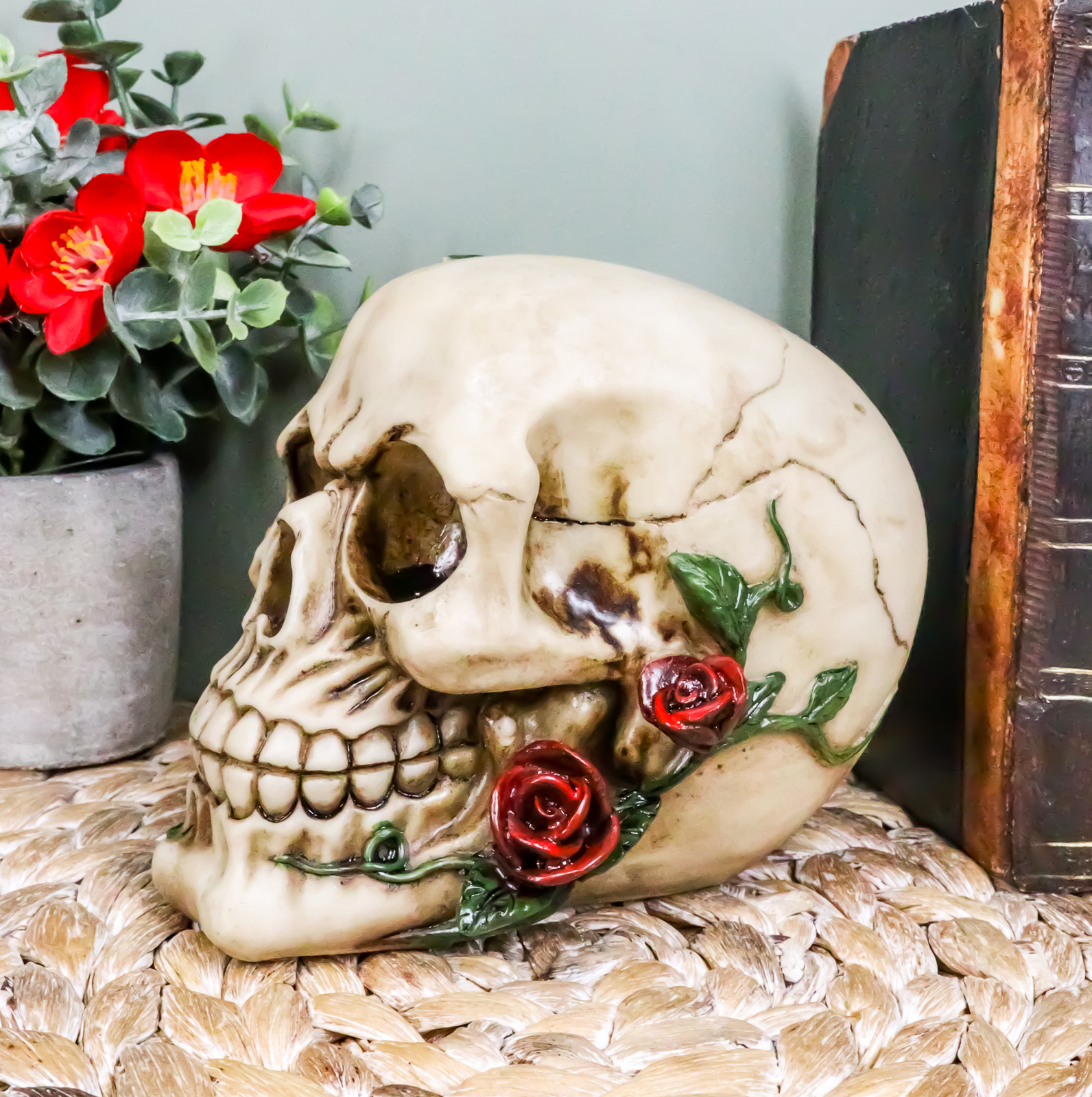 Day of The Dead Red Rose Vine Skull Figurine DOD Floral Sugar Skull Decor 6"L