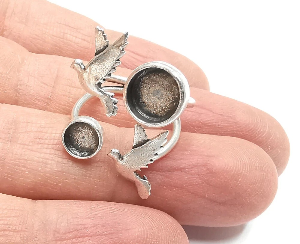 Flying Birds Silver Ring Setting Blank Cabochon Mounting Adjustable Brass