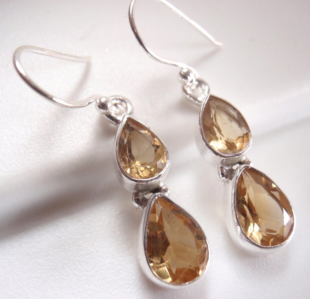 Faceted Citrine Double Gem Teardrop 925 Sterling Silver Dangle Earrings
