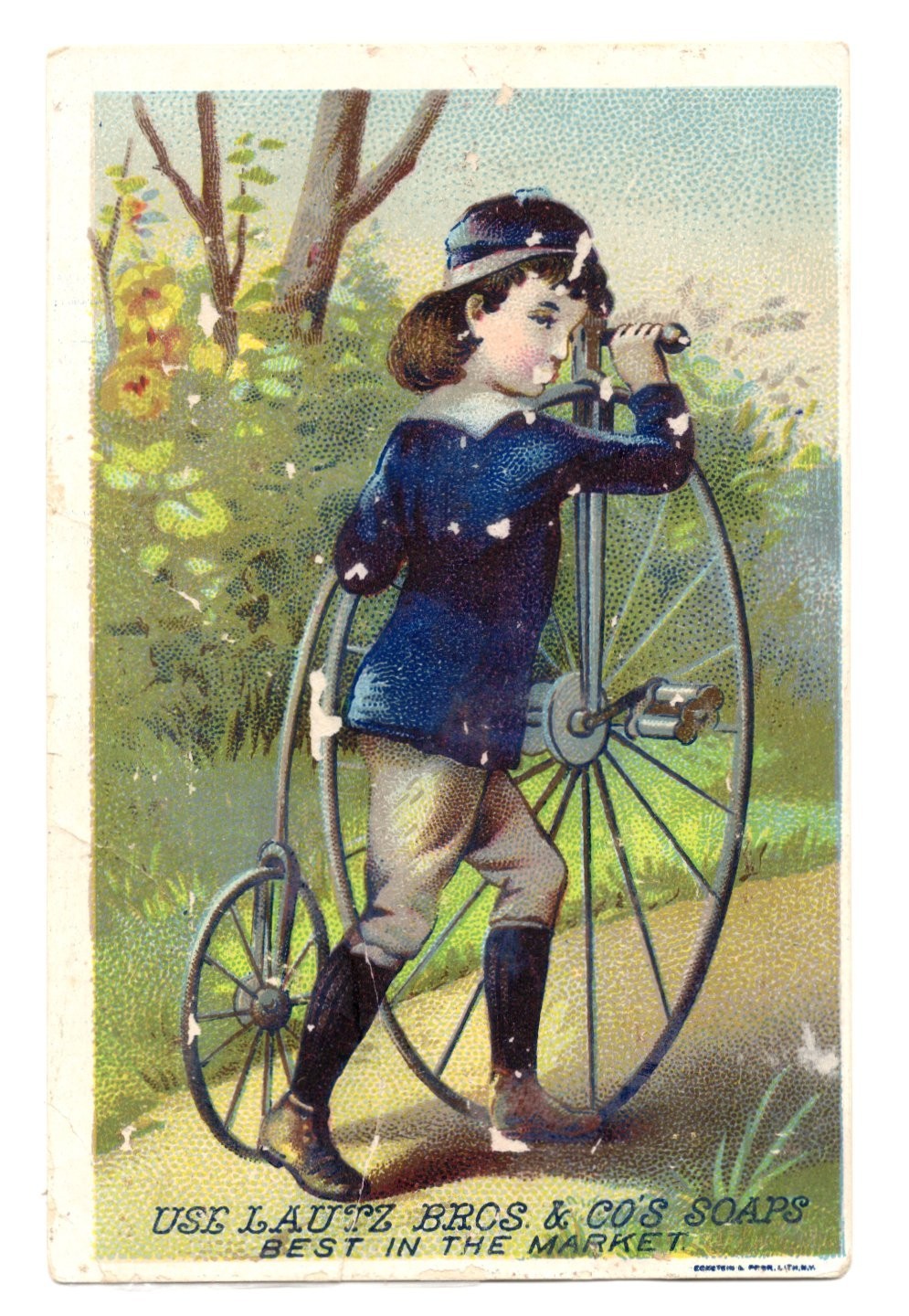 1890s - Lautz Bros & Co Soap Girl Riding Pennyfarthing Trade Card - XL2T