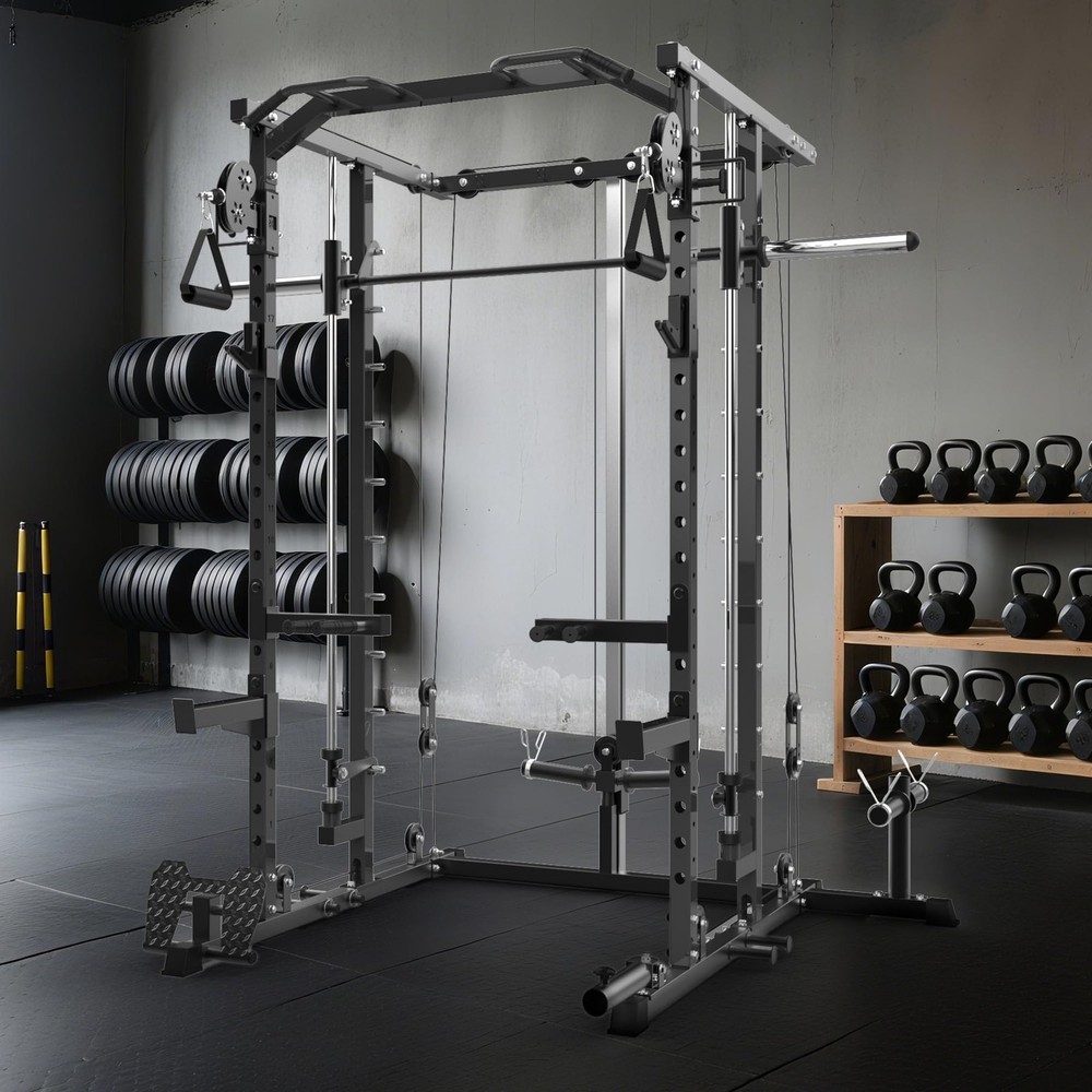 Smith Machine Power Cage Multifunctional Squat Rack with Pulley System Workout