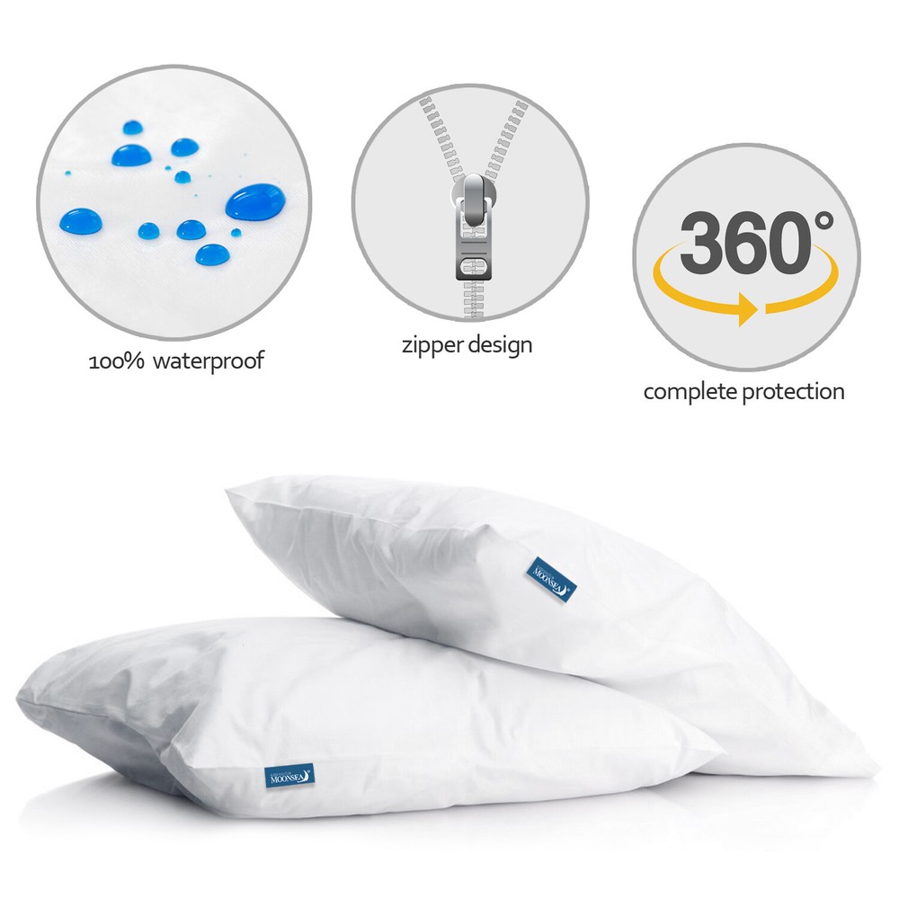 Waterproof Pillow Protector Zippered Pillowcases Pillow Covers 2 Pack Queen Size
