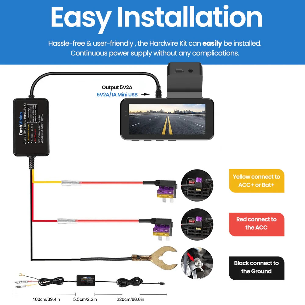 DashVision Hard Wiring Kit – Mini USB Enables 24/7 Parking Mode & Clean