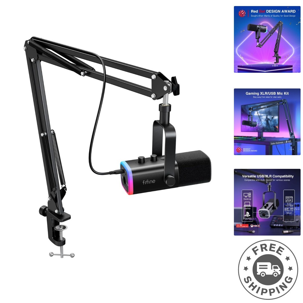 Professional Dynamic Mic with RGB Lighting & Adjustable Boom Arm for Streaming