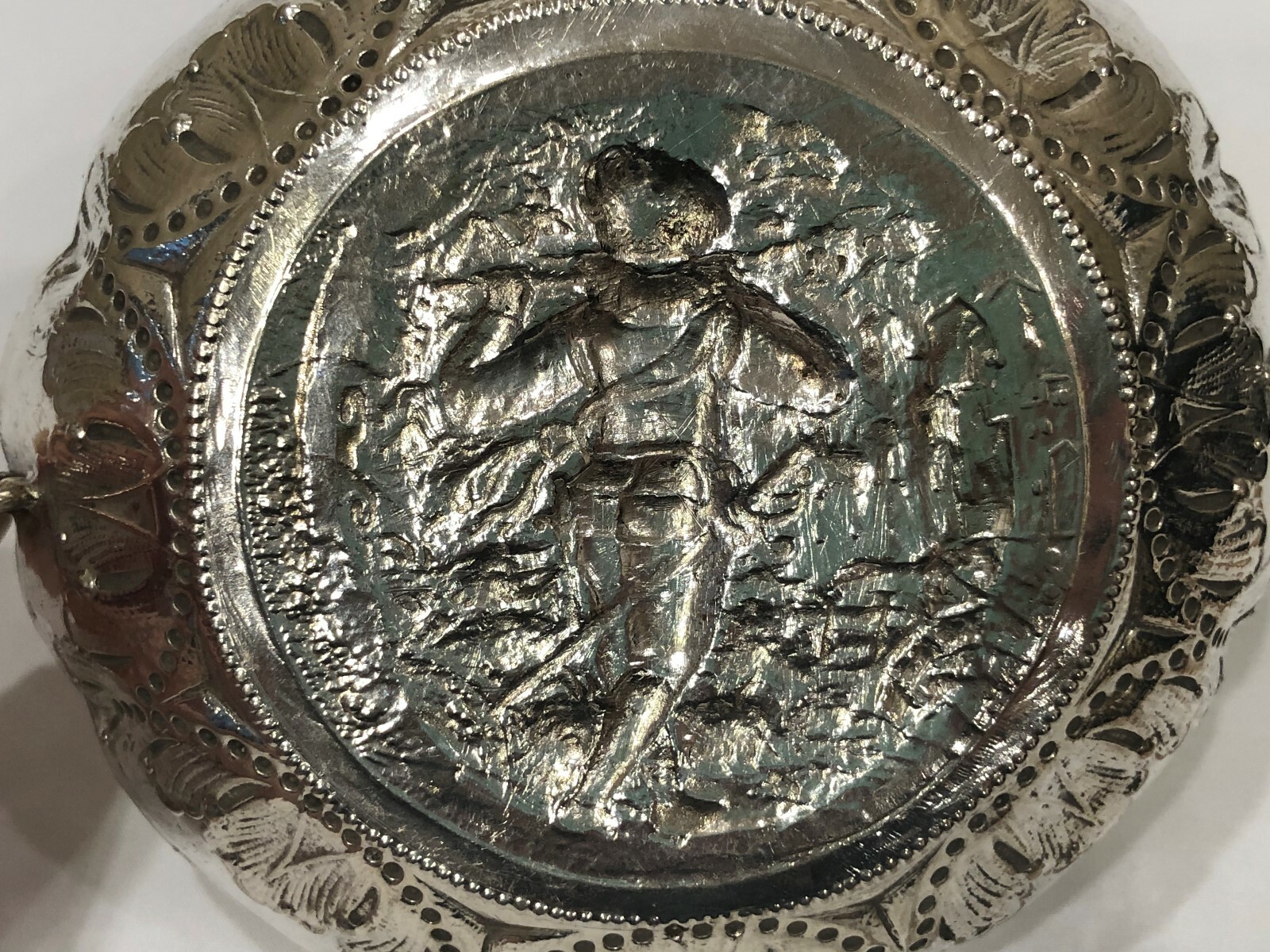 Hanau Sterling Silver Folk Scene of Piper Bowl/Wine Taster Germany c. 1900