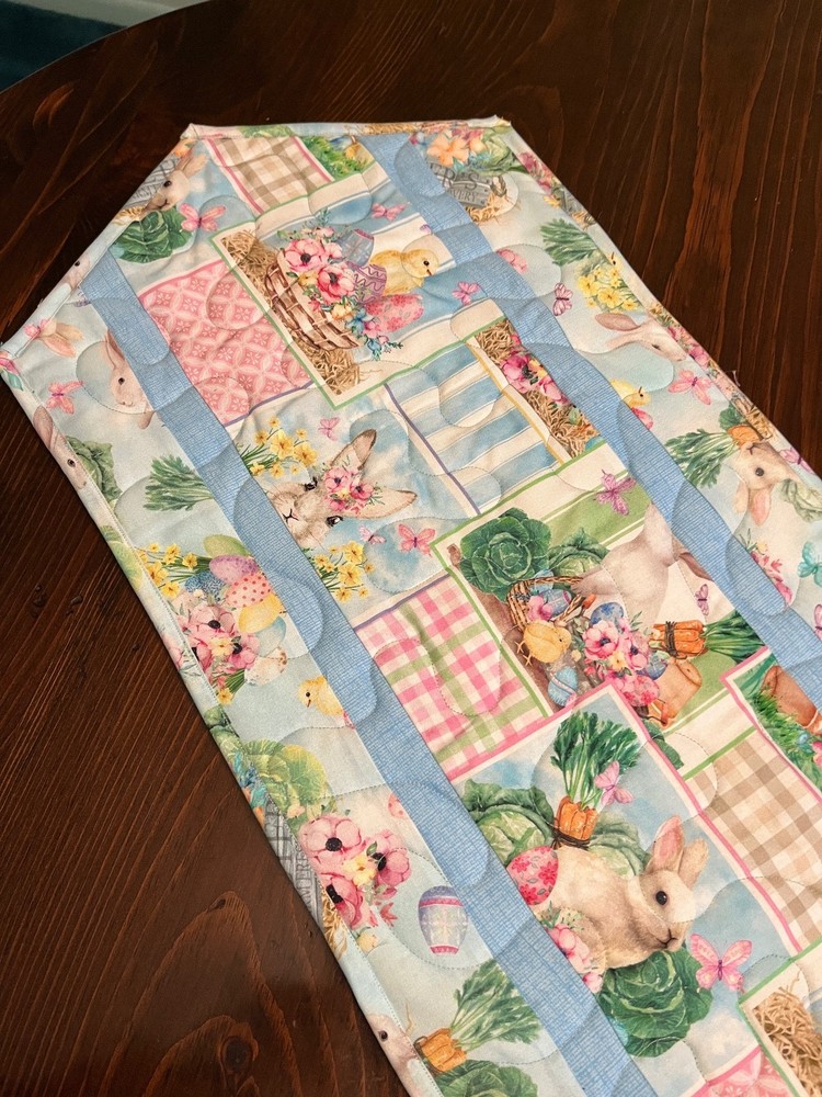 Handcrafted-Quilted Table Runner Happy Easter -Easter Eggs, Bunnies-Gardens 2026