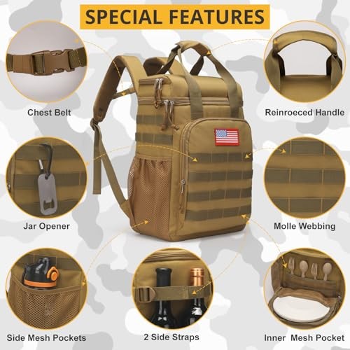 Tactical Backpack Cooler,Lunch Backpack for Men Adults Work with Brown