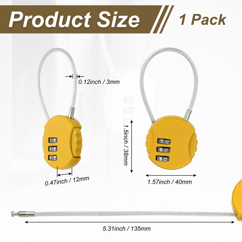1-Pack Combination Padlock, 3 Digit Round Shaped Cable Luggage Lock [Yellow]
