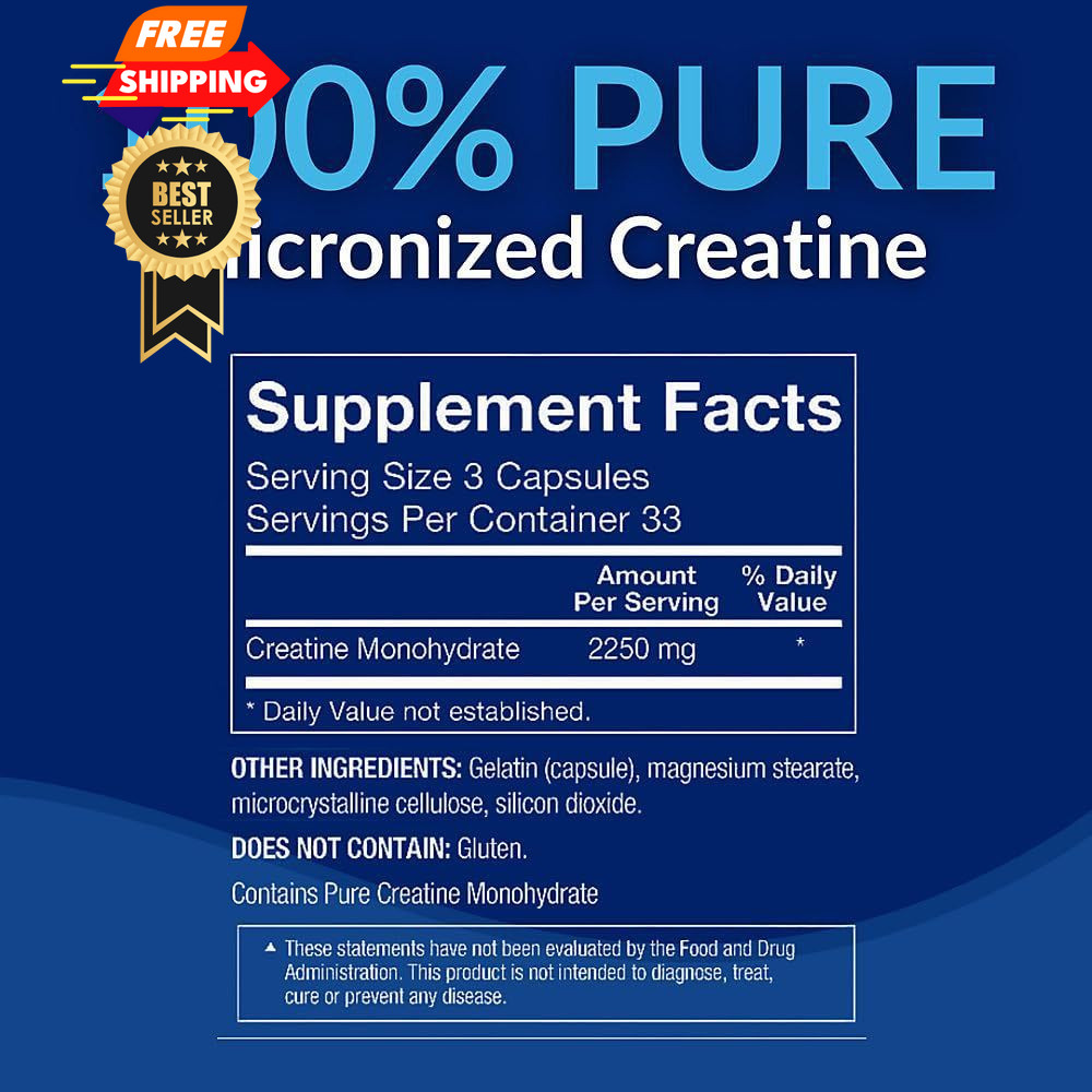 BodyTech Creatine Monohydrate Capsules, Micronized 100 Count (Pack of 1)