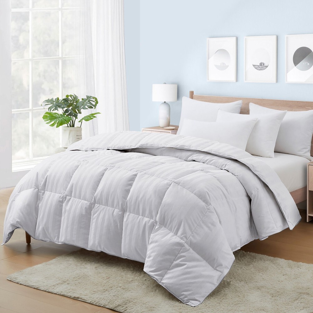 Deluxe Luxury Comforter Down Alternative 100% Cotton White Stripes