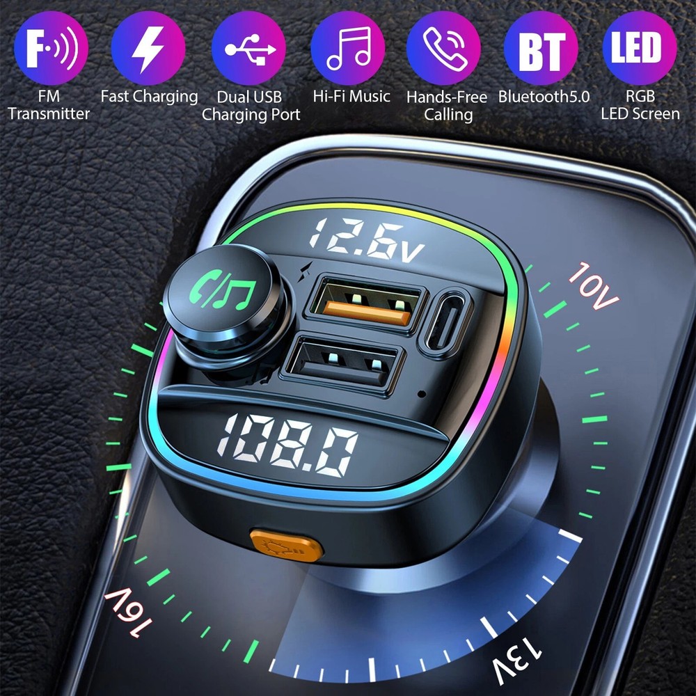 Bluetooth5.0 Car Wireless FM Transmitter Adapter USB PD Charger AUX Hand-Free