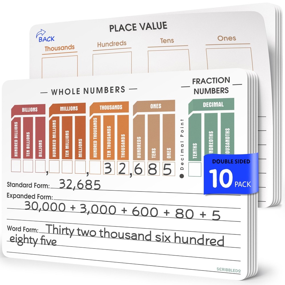 SCRIBBLEDO Place Value Chart Math Practice 9”x12” Small White Board