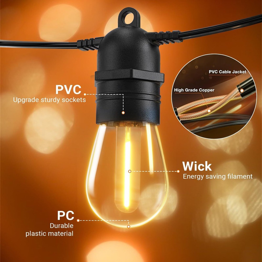 Vintage S14 LED String Lights 54ft Shatterproof IP65 Warm White Connectable