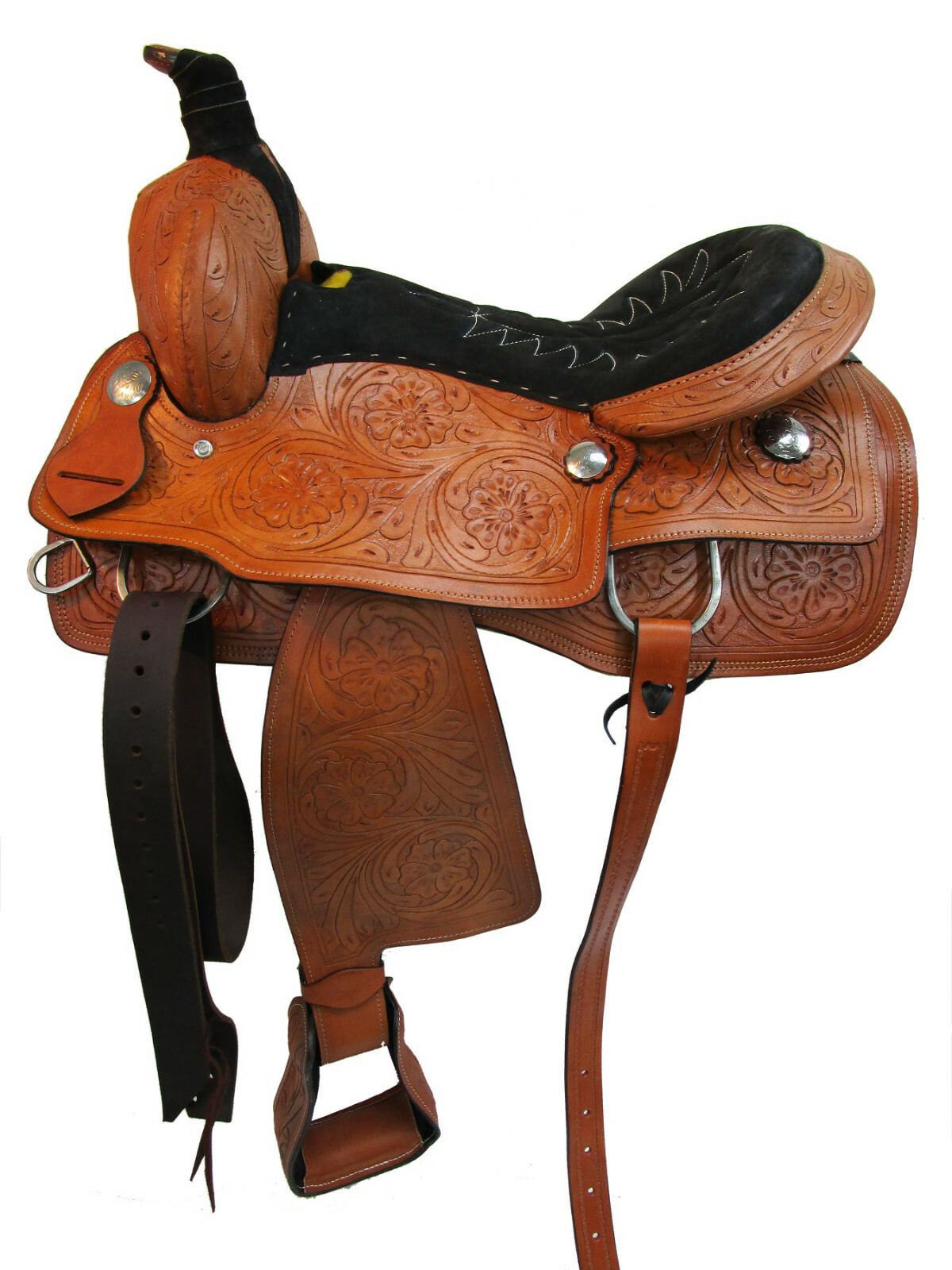 USED COWBOY WESTERN ROPING SADDLE HORSE RANCH FLORAL TOOLED LEATHER 15 16 17 18