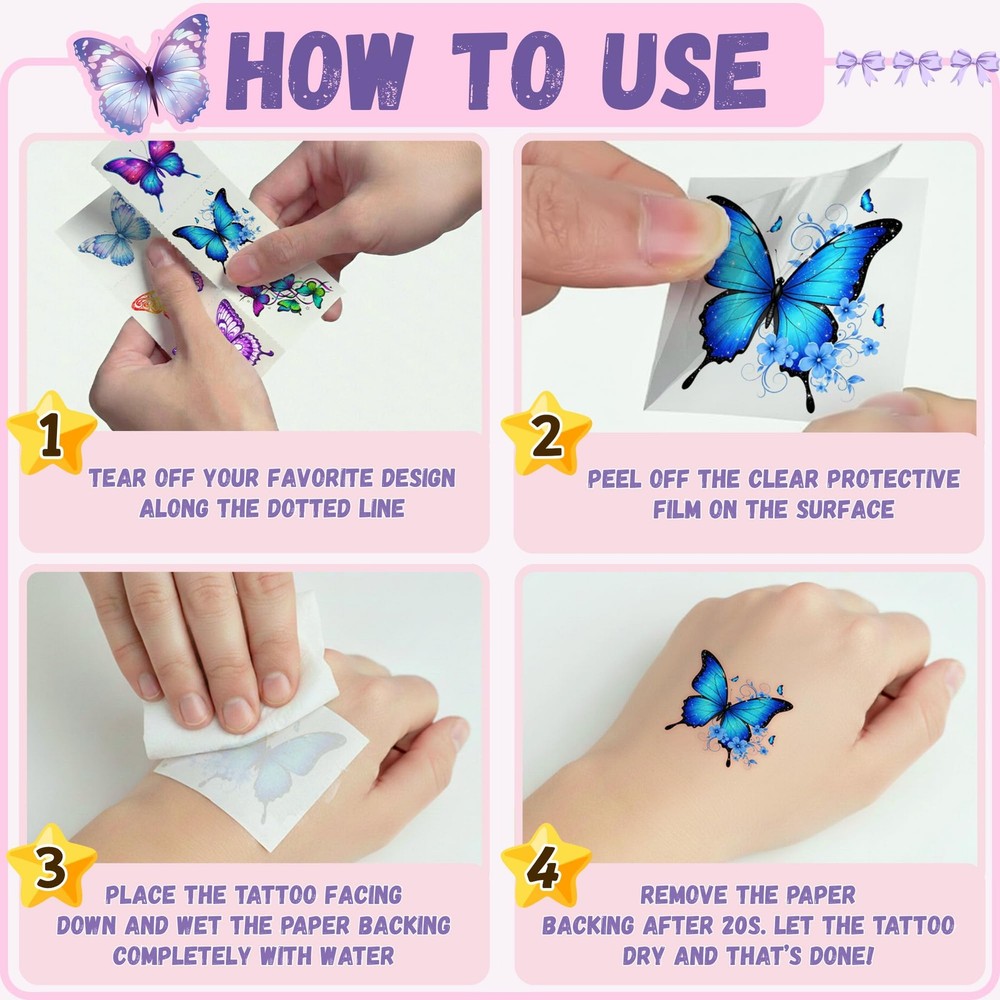 96PCS Butterfly Temporary Tattoos Stickers - Medium,