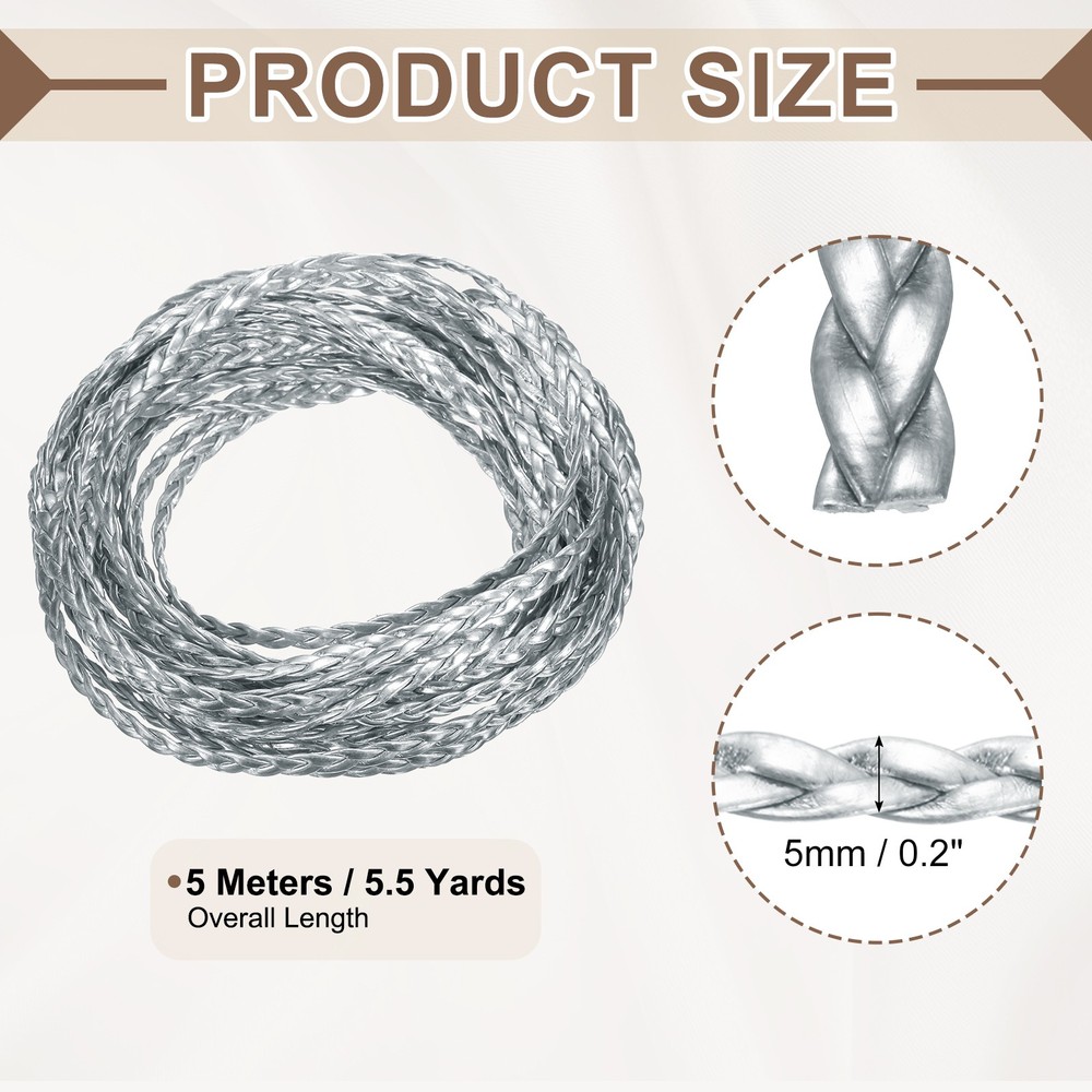Braided Leather Cord, 5.5 Yards 5mm Flat Craft Leather String, Silver