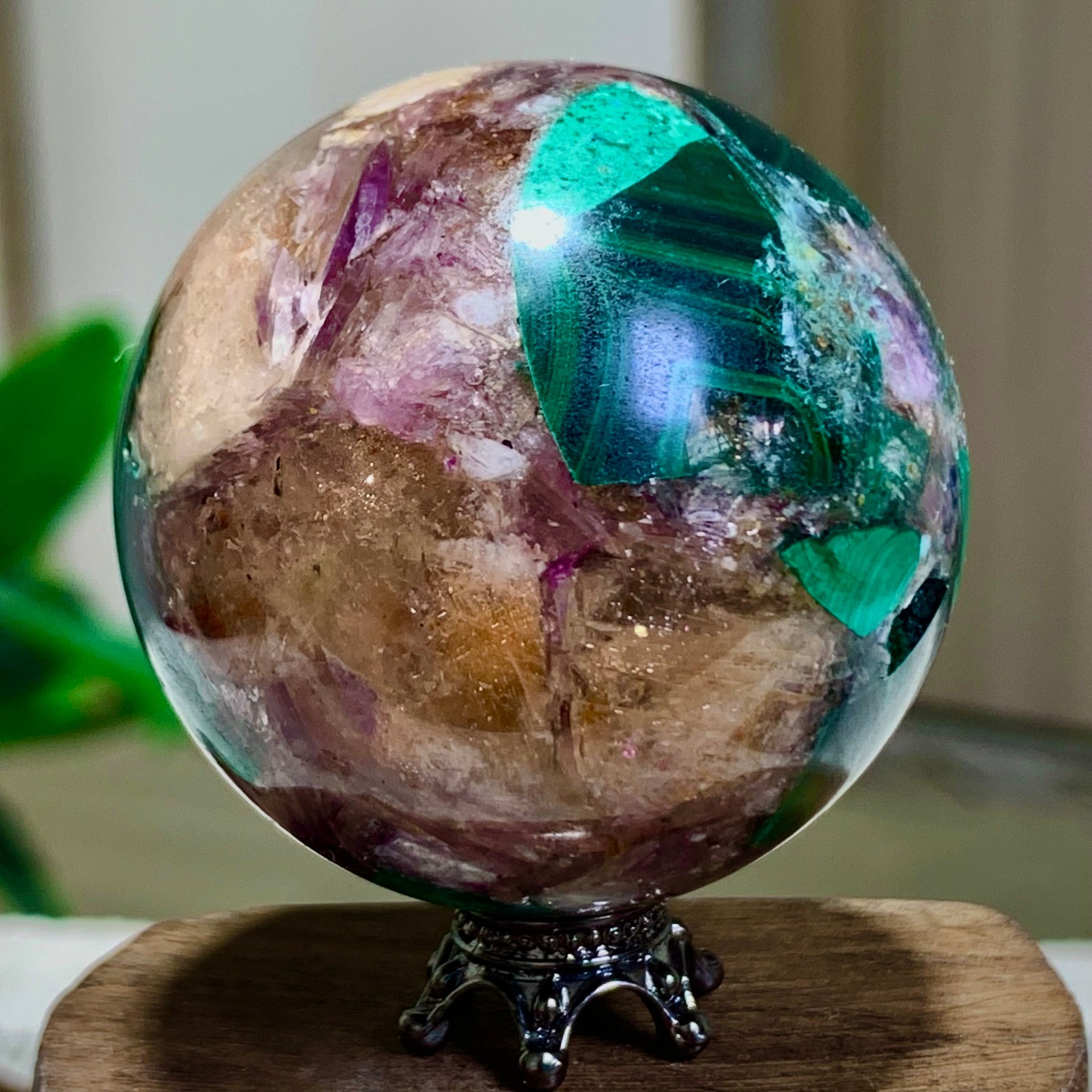 129G Newly discovered rare malachite purple mica symbiotic sphere restoration