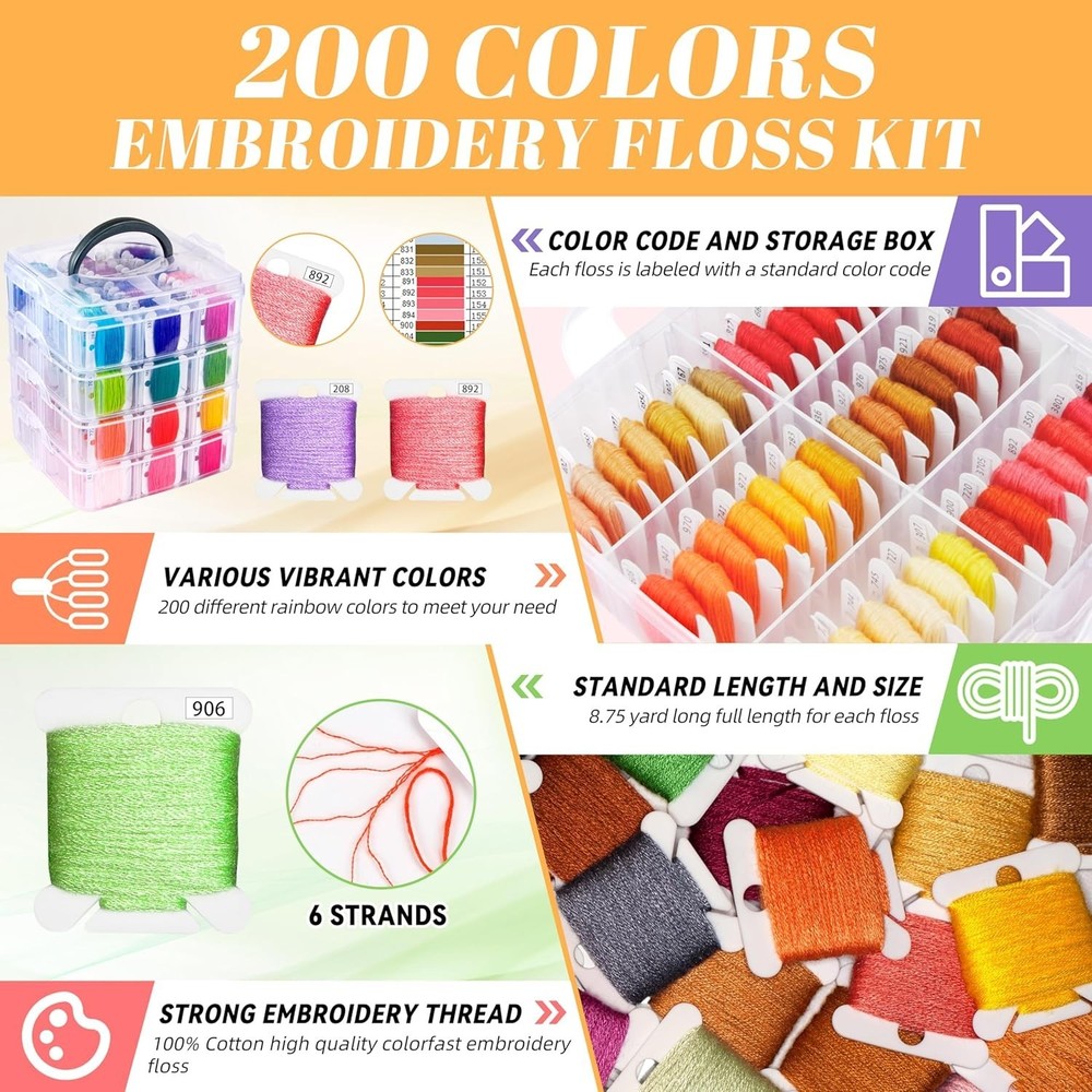 200 Colors Cross Stitch Sewing Thread Set with Tools