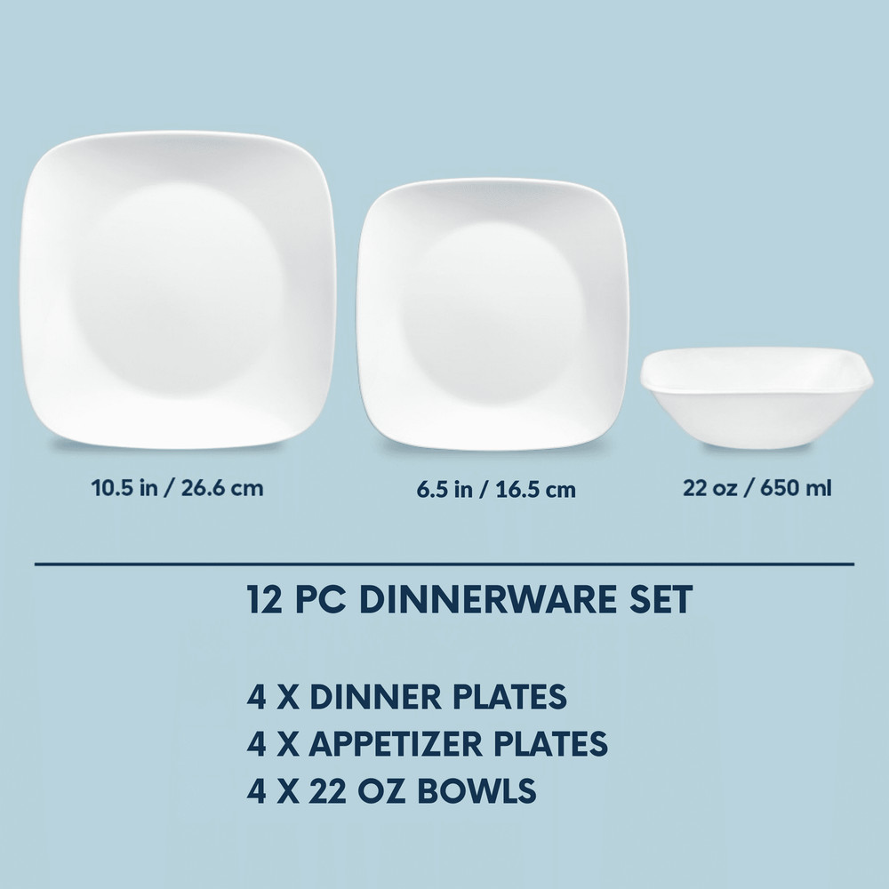 12 Piece Glass Dinnerware Set Pure White Square W/ Stackable & Chip Resistant