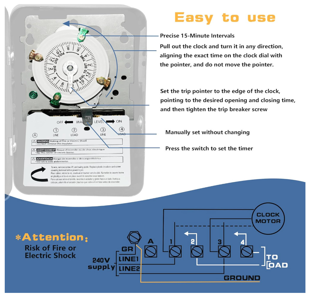 T104 Electromechanical Timer Switch, 40A Load Capacity, 1-12 Cycles Per Day