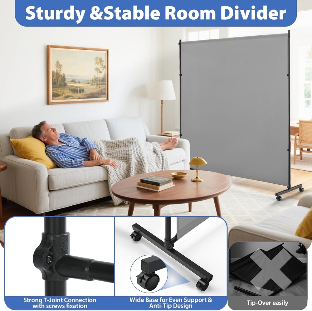 Room Divider 73x75inch Large Privacy Screen W/ Wheels,Portable Single Panel