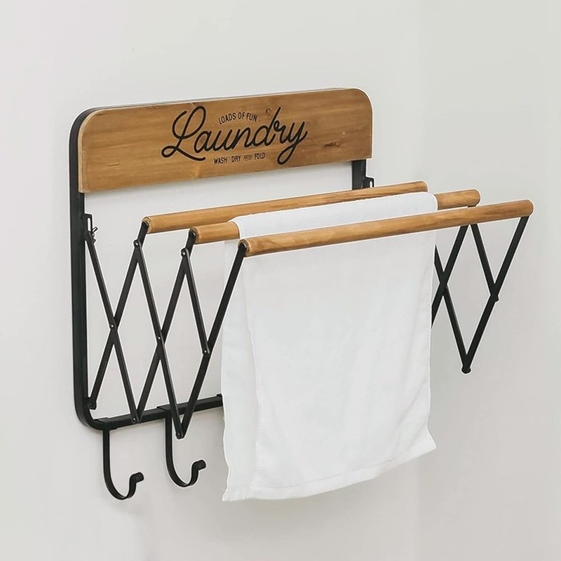 Wall Mounted Foldable Clothes Drying Rack W/ Hooks Space Saving Organizer New