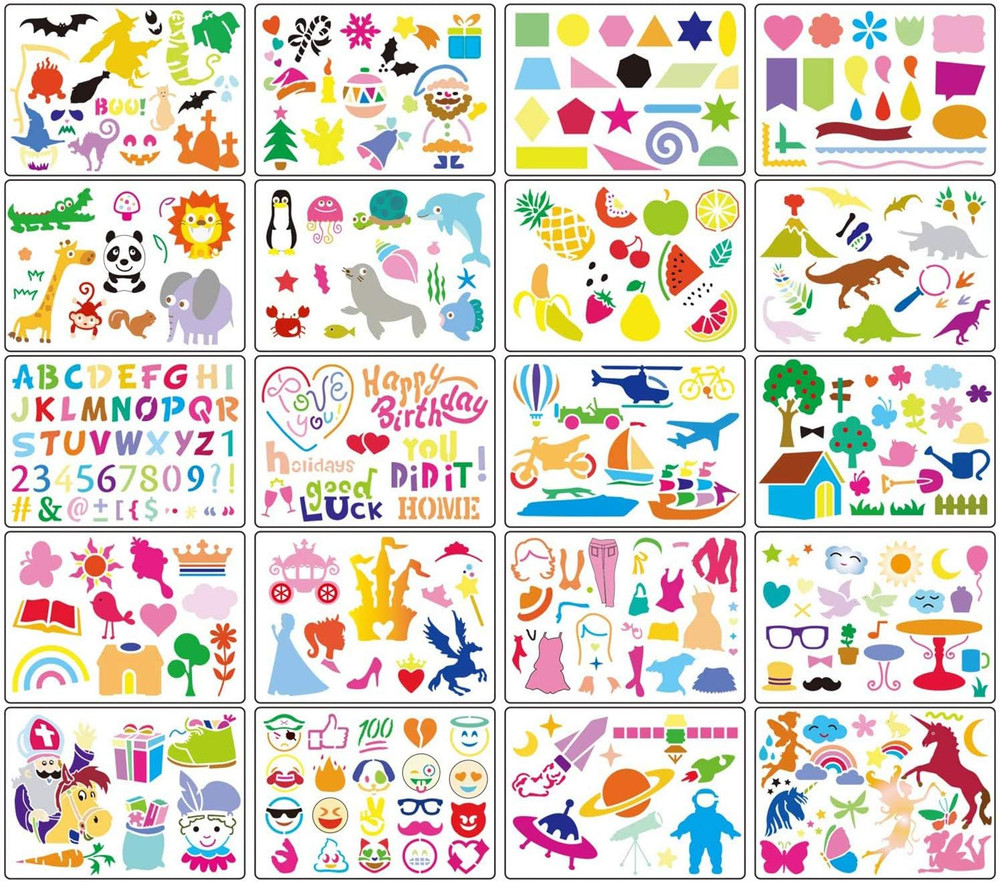 Kids Drawing Stencils Set, 20 Pcs Plastic Stencil Kit 300+ Patterns Drawing Temp