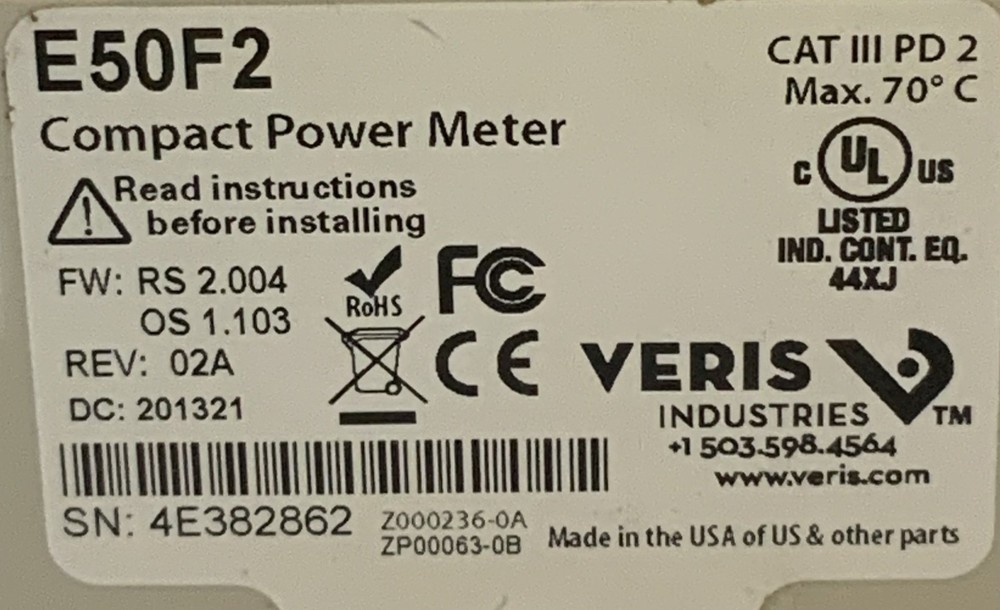 Veris Industries E50F2 E50 Series Compact Power Meter, White "N7E"