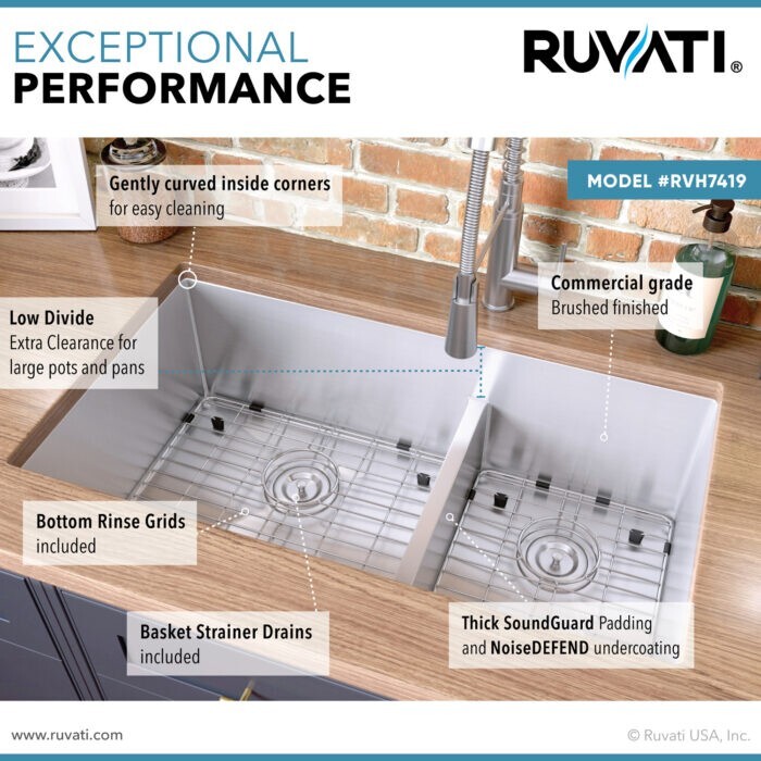 Ruvati 33" Undermount 60/40 Double Bowl 16Gauge SS Kitchen Sink- RVH7419