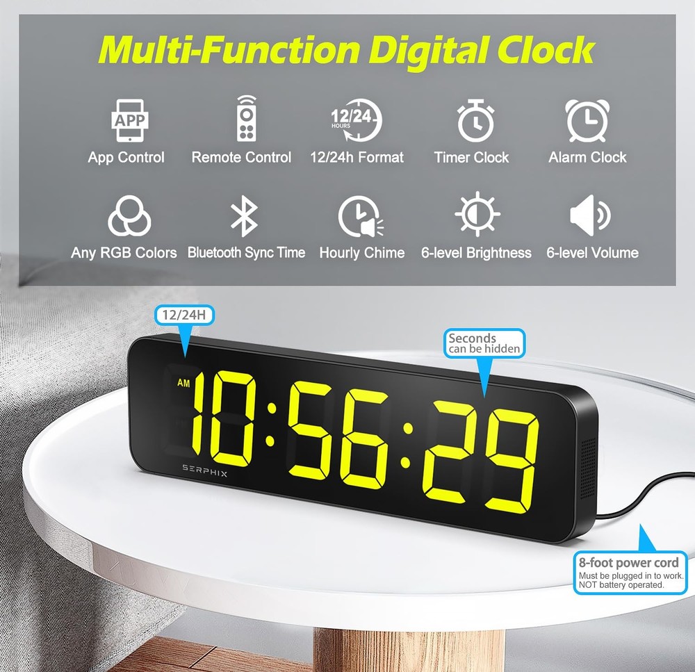 15.2" Large Digital Wall Clock with Seconds, App & Remote Control, Customizab...