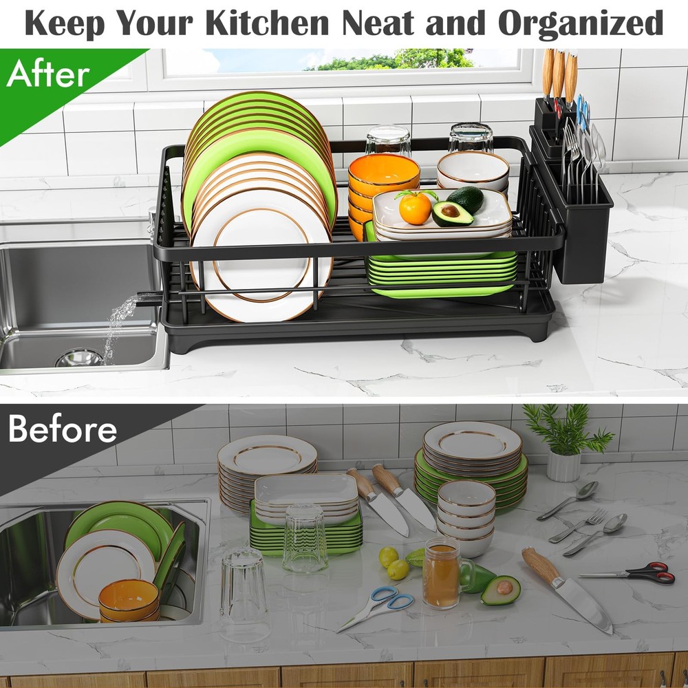 Compact Dish Drying Rack Countertop Rust Resistant Drainer with Utensil