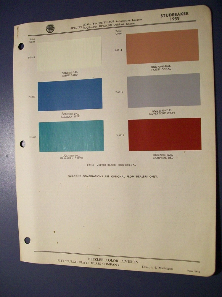 1959 Studebaker automotive Ditzler car color paint chips set